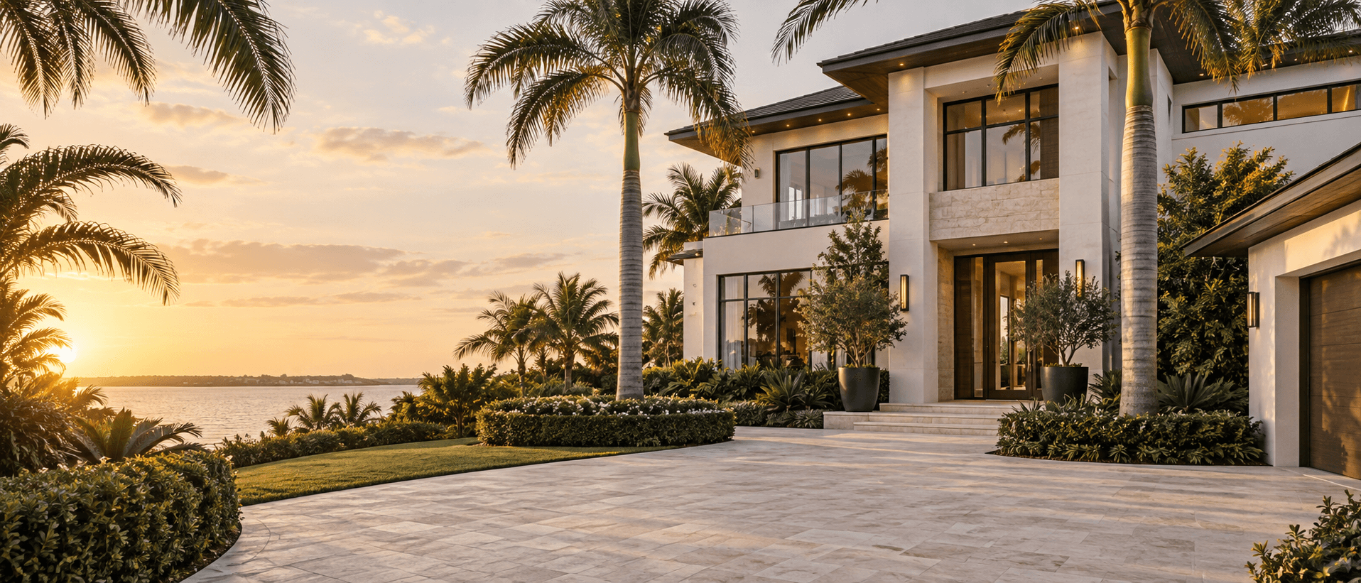 Contemporary waterfront home surrounded by palms at sunset